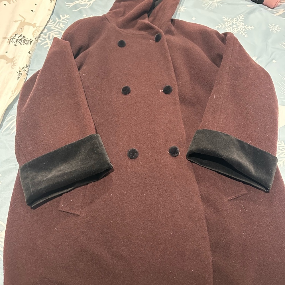 Maroon color classic Double-Breasted Trench Coat with hoodie adjustable sleeves